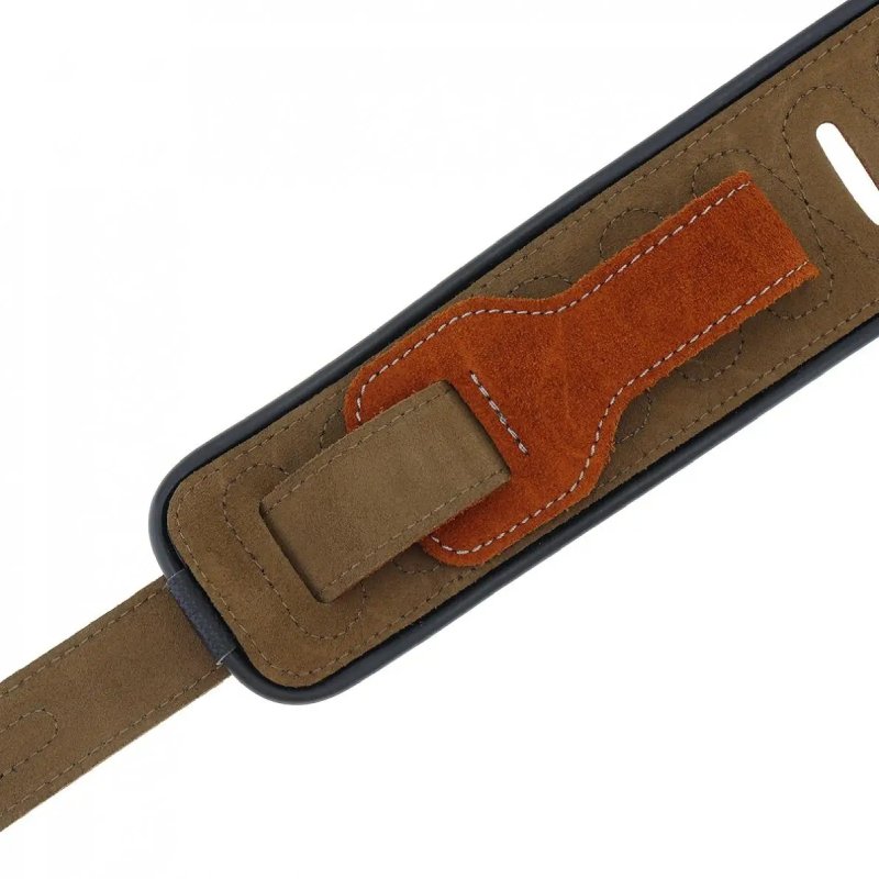 Details of Beige Suede Guitar Strap Settings with Music Notes Pattern