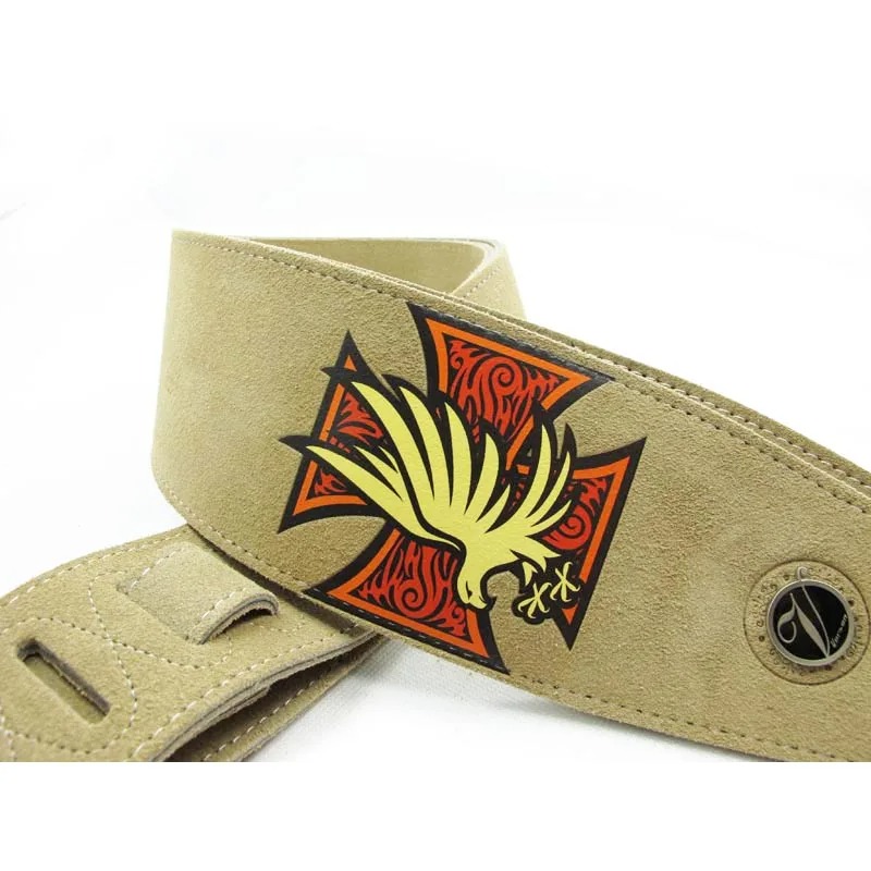 Leather and suede guitar strap with iron cross and eagle design - beige color