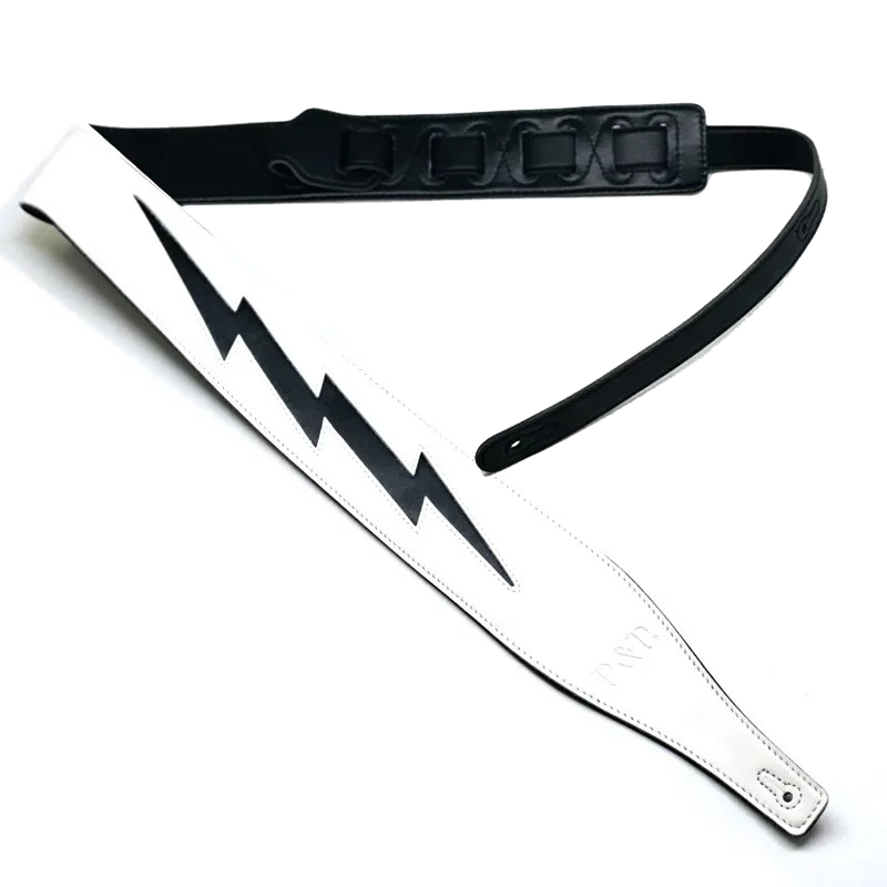 Leather guitar strap with iconic lightning bolt design in black on white.