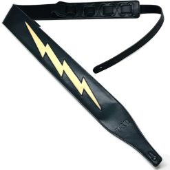 Leather guitar strap with iconic yellow lightning bolt design on black