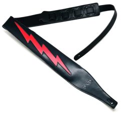 Leather guitar strap with iconic red lightning bolt design on black