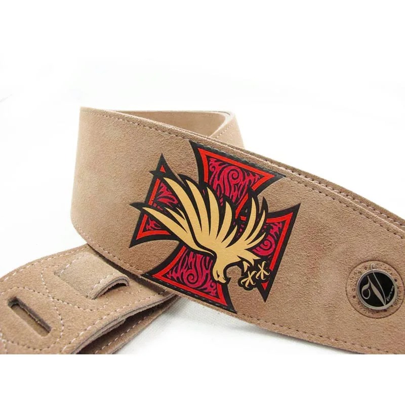 Leather and suede guitar strap with iron cross and eagle motif - brown color