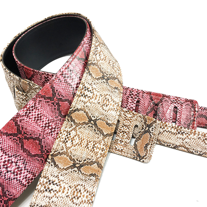 Guitar strap ends made of genuine leather with a snake skin design in 2 colors