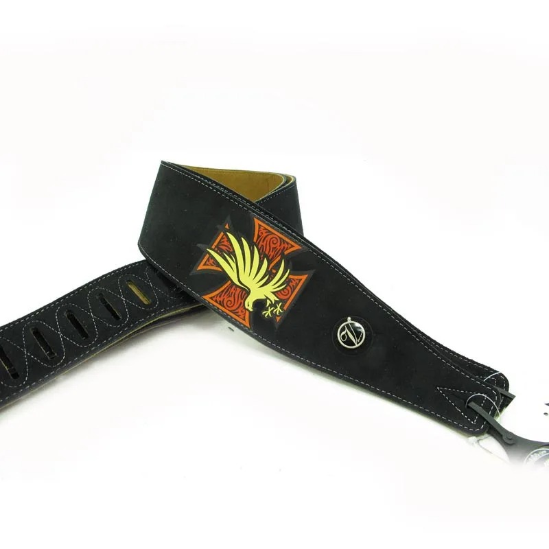 Leather and suede guitar strap with iron cross and eagle motif - black color