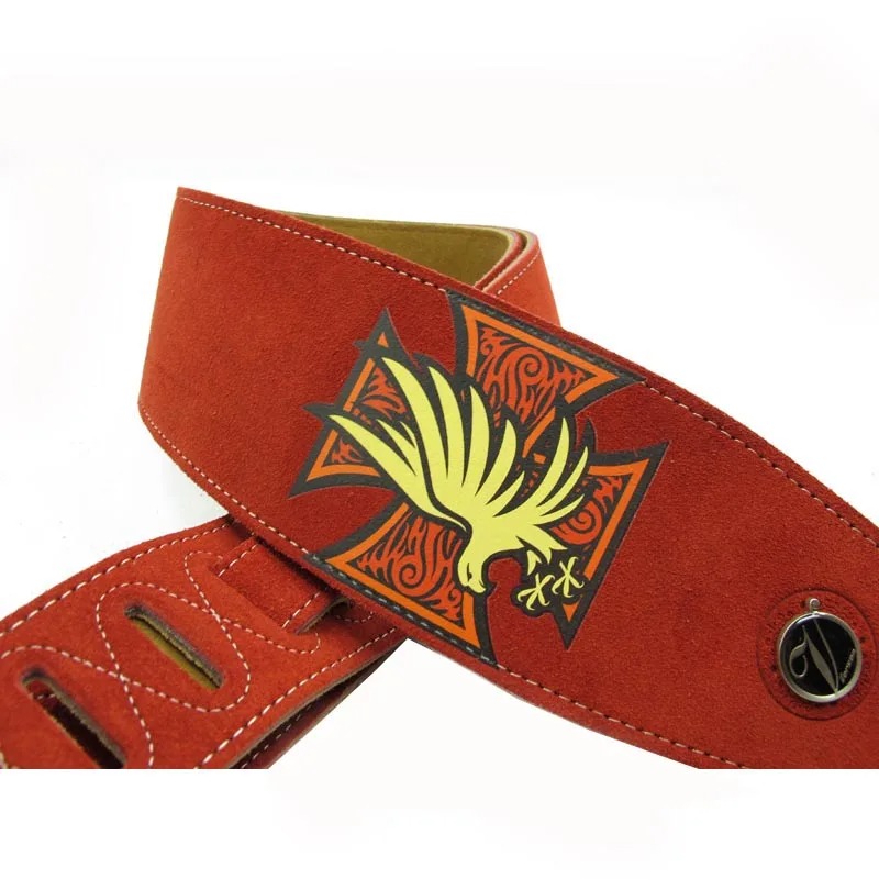 Leather and suede guitar strap with iron cross and eagle motif - red color