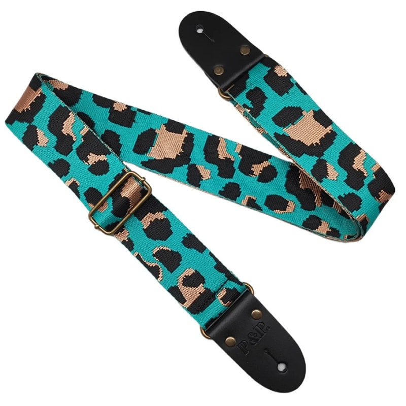 Guitar strap with leopard print - turquoise color