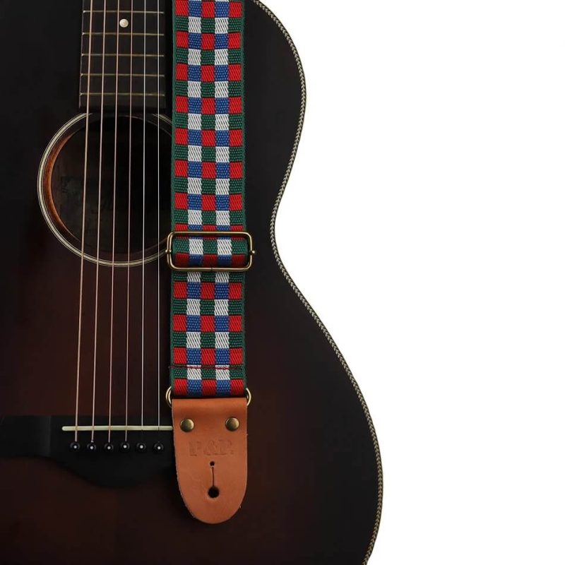 Classic Guitar Strap with Checkered Pattern - Red Color