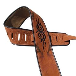 Light brown suede guitar strap with tribal pattern