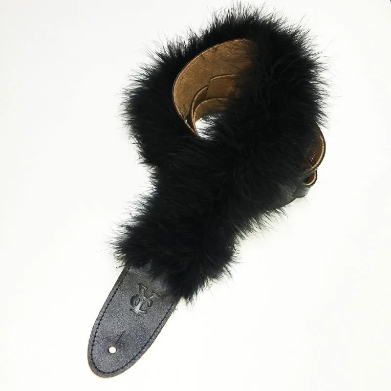 Guitar strap with boa feathers - black color