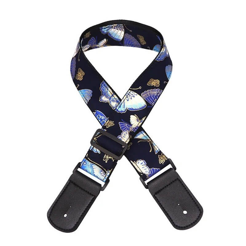 Electric Guitar Strap with Golden and Blue Butterfly Patterns