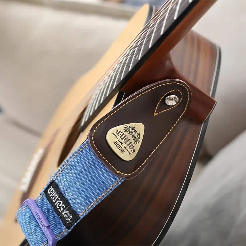 Denim jeans guitar strap with leather ends