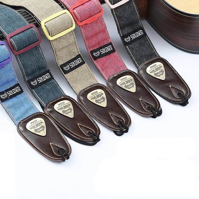 Denim jeans guitar strap with genuine leather ends