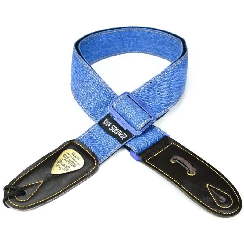 Light blue Jeans Denim guitar strap with leather ends
