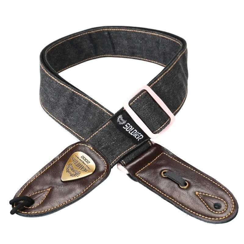 Denim jeans guitar strap with leather ends - black color