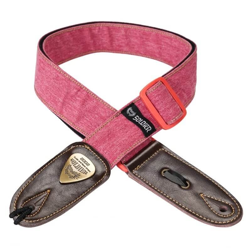 Denim Jeans Guitar Strap with Leather Ends - Red Color