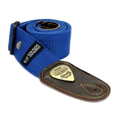 Cotton guitar strap with leather ends and small cross pattern - blue color