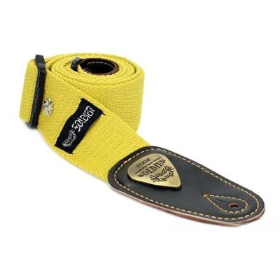 Cotton guitar strap with leather ends, small cross pattern - yellow color