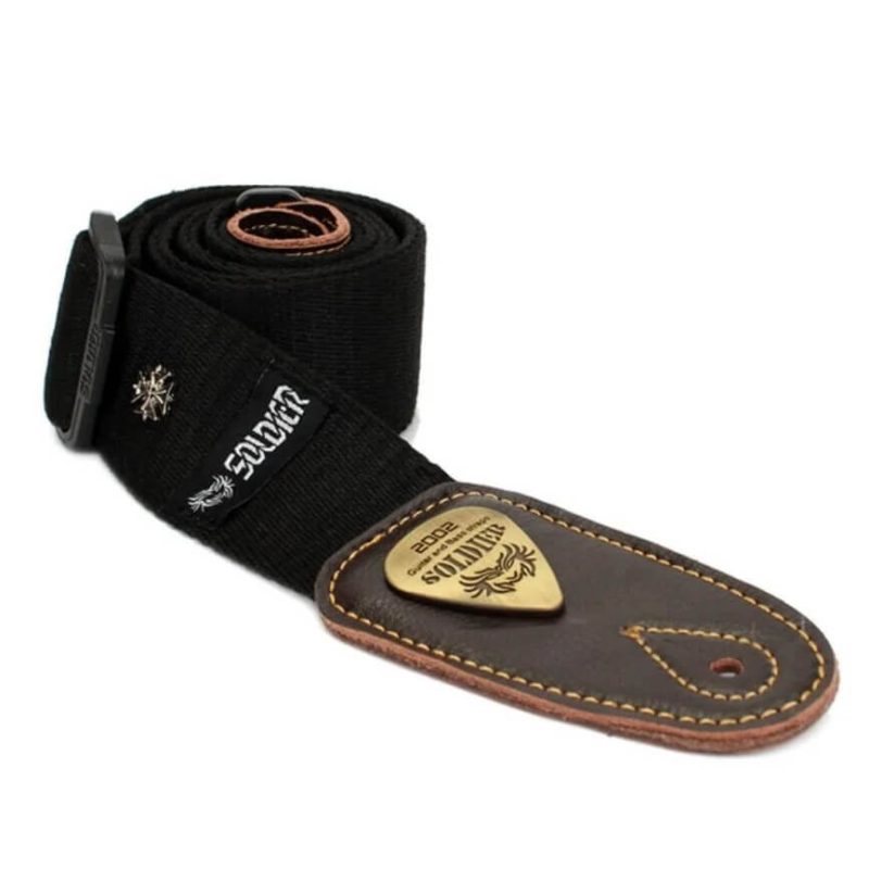 Cotton guitar strap with leather ends and small cross pattern - black color