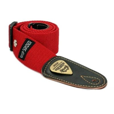 Cotton guitar strap with leather ends and small cross pattern - red color