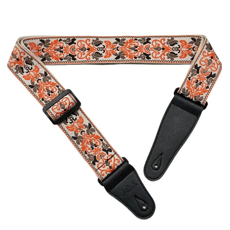 Guitar strap with floral print in orange tones
