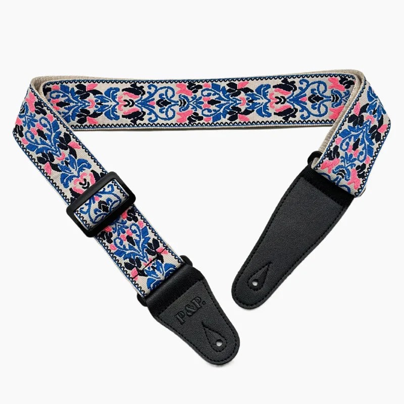 Guitar strap with blue and pink floral pattern
