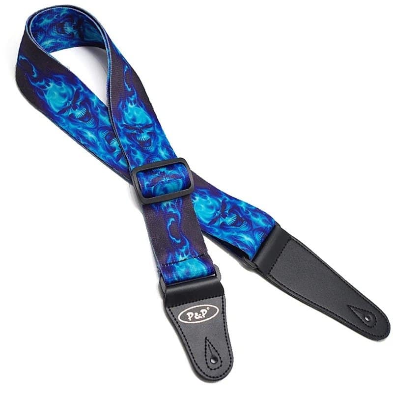 Skull printed guitar strap with blue flames.