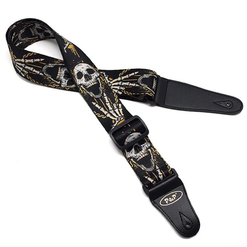 Printed guitar strap with a screaming skull design