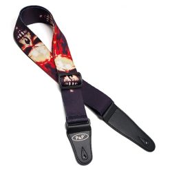 Skull printed guitar strap with large skull and red flames