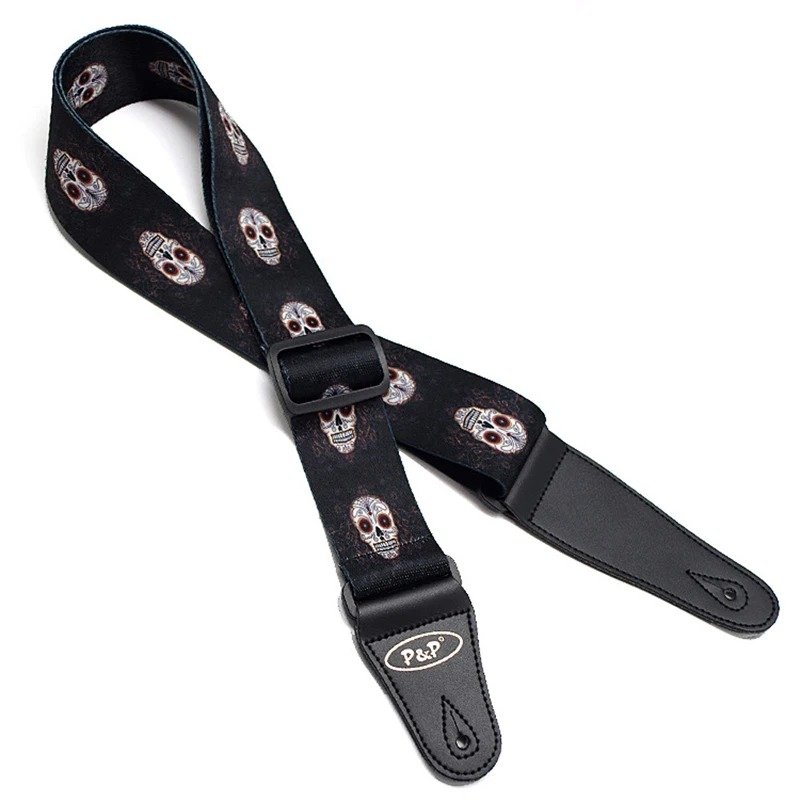 Printed guitar strap with skull design featuring small Mexican skulls