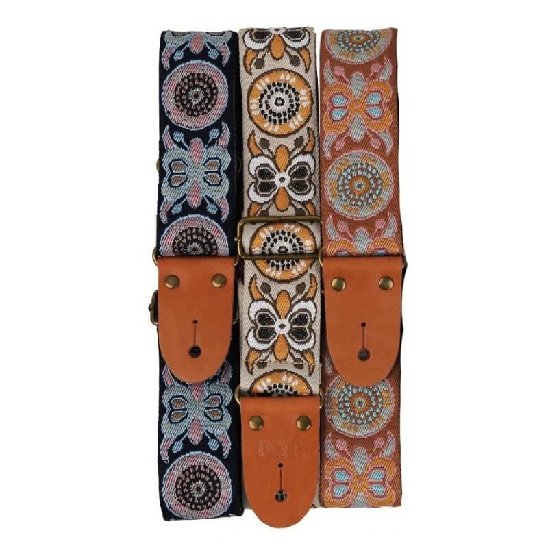 Adjustable classical guitar strap in embroidered cotton with butterfly pattern - 3 colors to choose from