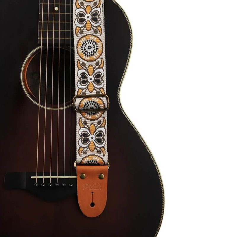Adjustable classical guitar strap in embroidered cotton with Butterfly pattern - Yellow color