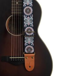 Adjustable classical guitar strap in embroidered cotton with butterfly pattern - blue color