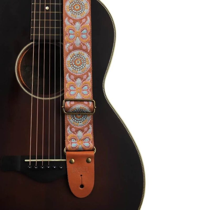 Adjustable classical guitar strap made of embroidered cotton with a butterfly pattern - orange color