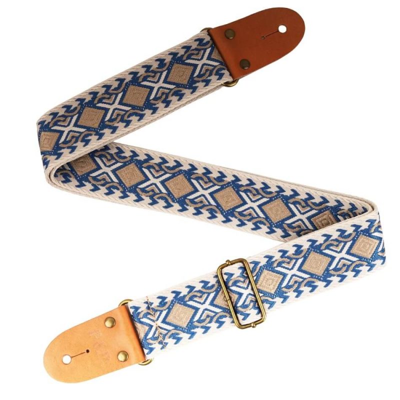 Adjustable classical guitar strap made of embroidered cotton with a blue ethnic pattern.