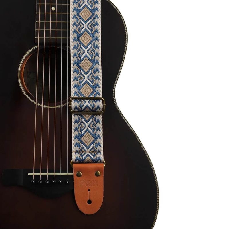 Adjustable classical guitar strap made of embroidered cotton with an ethnic pattern - sky blue color
