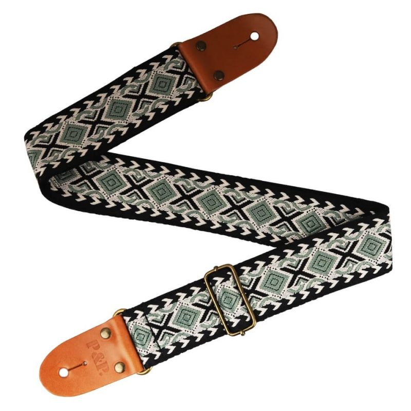 Adjustable classical guitar strap made of embroidered cotton with an ethnic pattern - green color