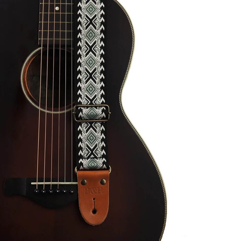 Adjustable classical guitar strap made of embroidered cotton with an ethnic pattern in mint green color.