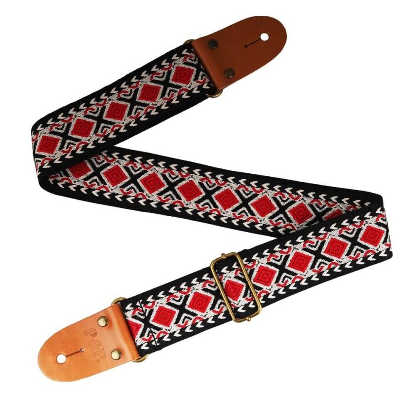 Adjustable classical guitar strap made of embroidered cotton with a red ethnic pattern