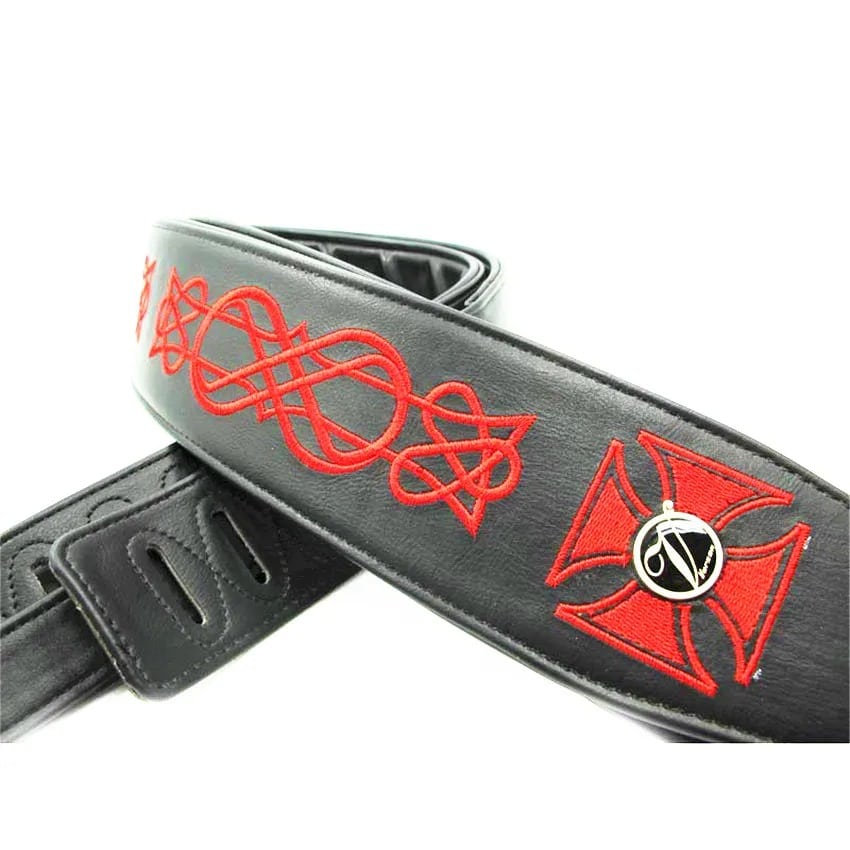 Embroidered Leather Bass Guitar Strap with Iron Cross Pattern