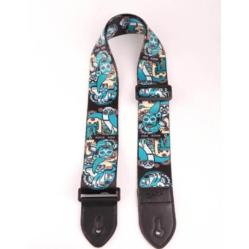Guitar Strap with Fantastic Masks and Animals Design - blue color