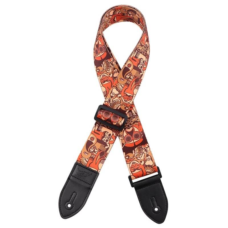 Guitar Strap with Masks and Fantastic Animals Design - orange color