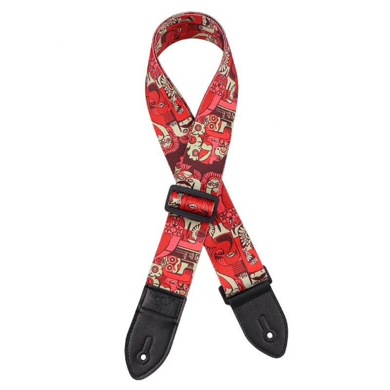 Guitar Strap with Masks and Fantastic Animals Design - Red color