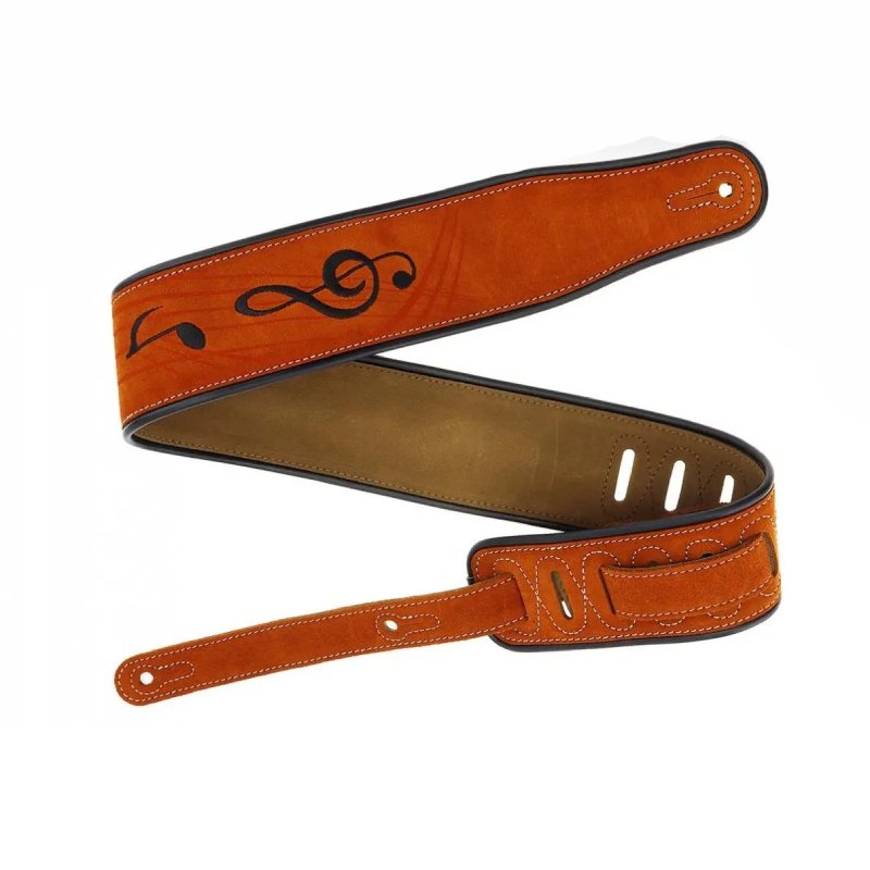 Full view of a beige suede guitar strap with music notes pattern