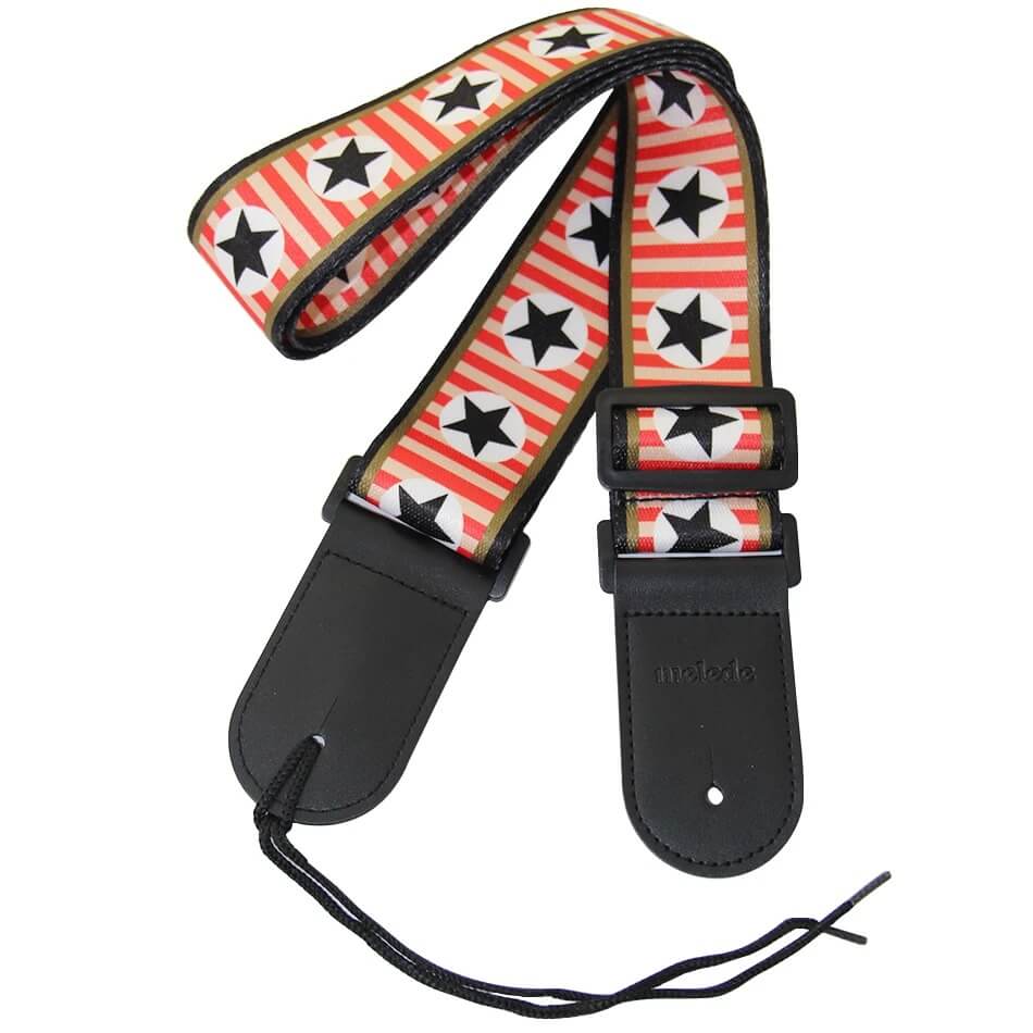 Another view of a folded electric guitar strap with rock stars