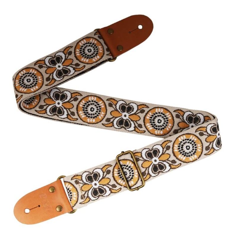 Detail of adjustable classical guitar strap made of embroidered cotton with a butterfly pattern - yellow color