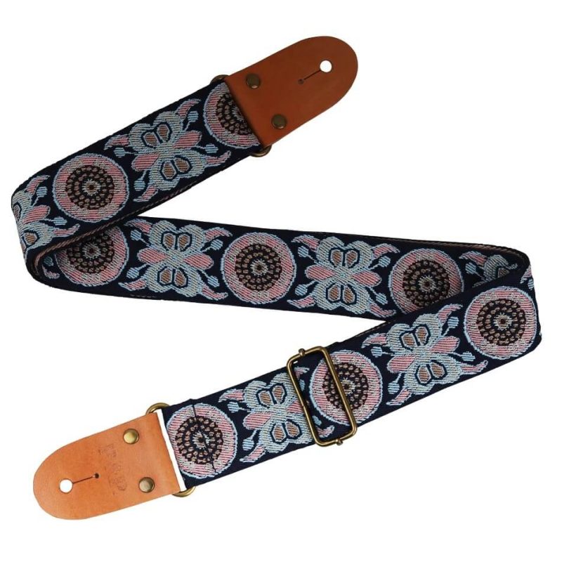 Details of an adjustable classical guitar strap made of embroidered cotton with a butterfly pattern - blue color