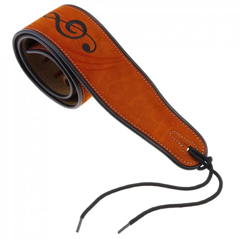 Complete details of a Beige Suede Guitar Strap with Music Notes Pattern