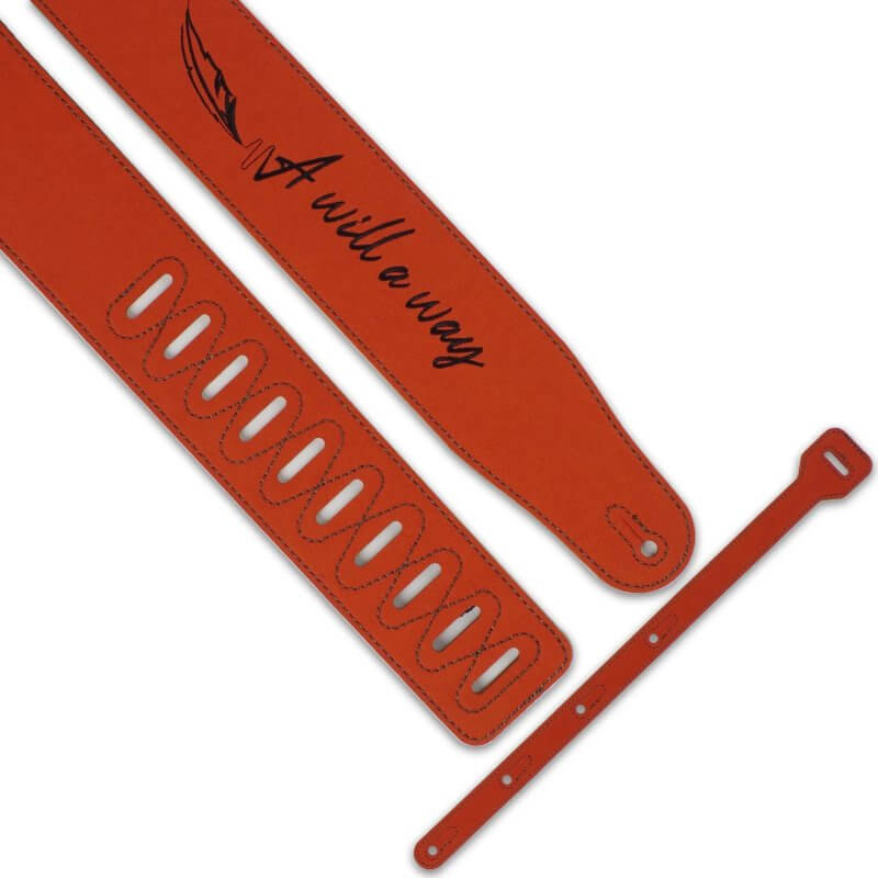 Leather guitar strap ends for rockers with the inscription A Will A Way