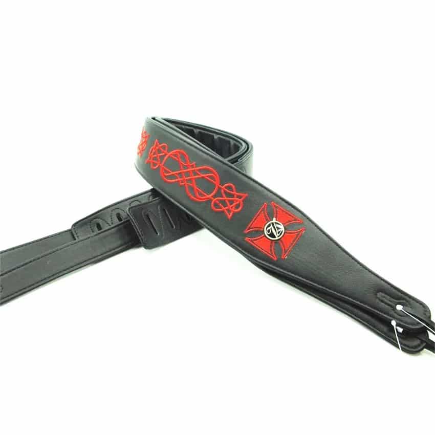Full view of a Bass Guitar Strap made of embroidered Leather with Iron Cross pattern