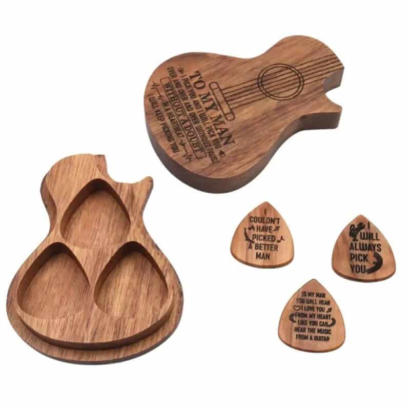 Carved Wood Guitar Pick Gift Box and Pick Case